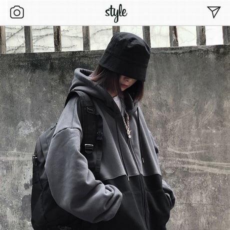 ユニセックス バイカラー ジップアップ パーカー 裏起毛 韓国ファッション メンズ レディース ストリート 無地 秋 冬 (DTC-606329979783)