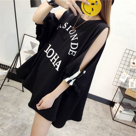 レディース ゆったり 肩出し 肩開き Tシャツ 半袖 チュニック オフショルダー 韓国ファッション オルチャン (DCT-676336915183)
