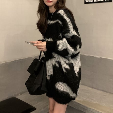 ゼブラ柄 ニット ニットセーター プルオーバー モヘア ラウンドネック 長袖 ルーズ ゆったり レトロ 韓国ファッション レディース 大人可愛い ガーリー DTC-657324217477