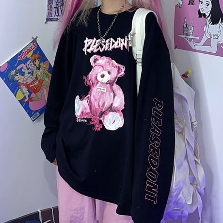 ユニセックス Tシャツ 長袖 プルオーバー くまちゃん ベアー 袖プリント オーバーサイズ レトロ 韓国ファッション メンズ レディース カジュアル ストリート系 DTC-625051222286