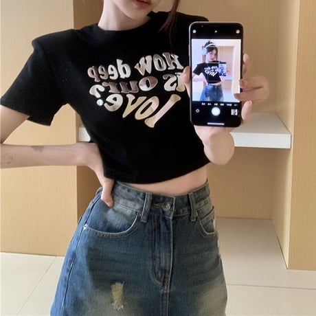 クロップド丈 Tシャツ 半袖 トップス ショート丈 クルーネック 韓国ファッション レディース 大人可愛い ガーリー カジュアル DTC-719382053404