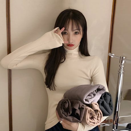 スリムフィット ハイネック カットソー 裏起毛 韓国ファッション レディース タートルネック タイト 長袖 Tシャツ 無地 レトロ (DTC-609008831719)