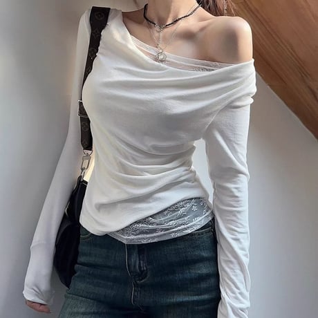 レース付き Tシャツ ワンショルダー スリムフィット ロンT トップス カットソー 長袖 レトロ 大人可愛い ガーリー DTCA-849082361382