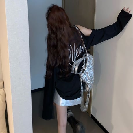 オープンショルダー tシャツ 長袖 レタープリント ロンt 肩開き トップス クルーネック ルーズ レトロ 韓国ファッション レディース 大人可愛い ガーリー DTC-821642982308