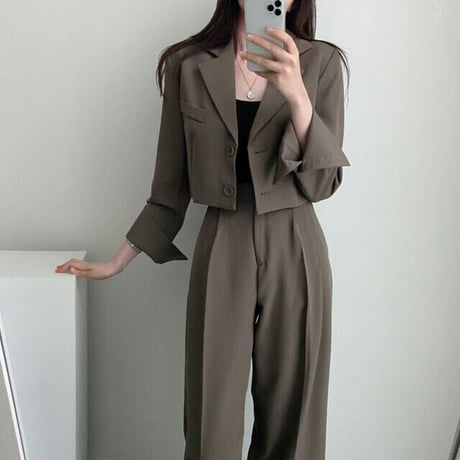 セットアップ 2点セット ショートジャケット ワイドパンツ ショート丈 テーラードジャケット タックパンツ パンツスーツ 長袖 レトロ 大人可愛い DTCA-740940979194