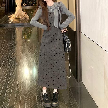 フェイクレイヤード ロングワンピース フェイクツーピース リボンタイ付き カットソー ドット柄ワンピース スリムフィット 長袖 レトロ 大人可愛い ガーリー DTC-865203893747