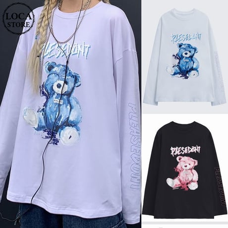 ユニセックス Tシャツ 長袖 プルオーバー くまちゃん ベアー 袖プリント オーバーサイズ レトロ 韓国ファッション メンズ レディース カジュアル ストリート系 DTC-625051222286