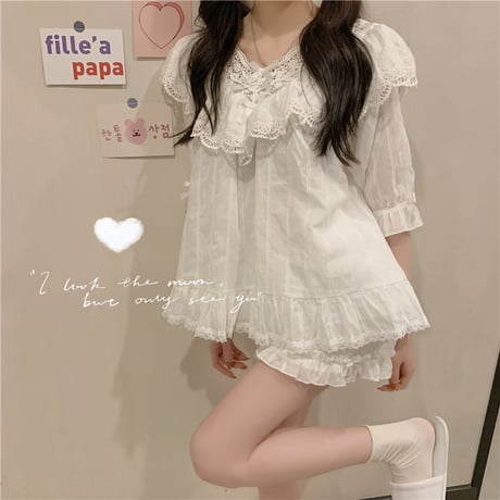 ルームウェア トップス ＋ ショートパンツ パジャマ Vネック フリル レース セットアップ 韓国ファッション レディース 上下セット 部屋着 ガーリー フェミニン DTC-619579110137