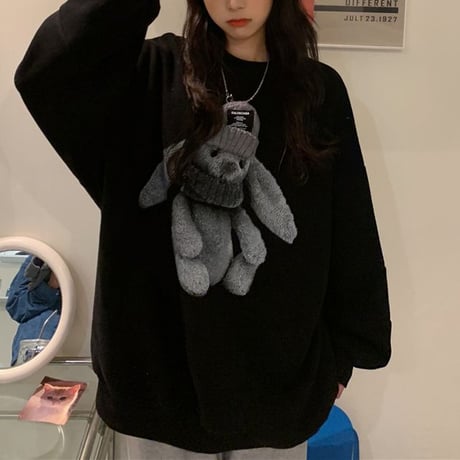 トレーナー うさぎ ラビット スウェット 厚手 オーバーサイズ 長袖 ゆったり レトロ 韓国ファッション レディース 大人可愛い ガーリー カジュアル DTC-659139065147