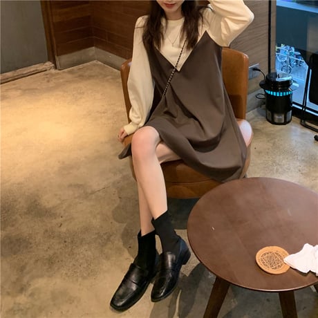 ワンピース フェイクレイヤード 長袖 ゆったり 韓国ファッション レディース ドッキングワンピース ラウンドネック 伸縮性ウエスト Aライン 大人可愛い ガーリー DTC-626497841493