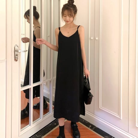 キャミワンピース ロング丈 ノースリーブ ルーズウエスト スリット 韓国ファッション レディース スリングワンピース 大人可愛い ガーリー DTC-641050941433