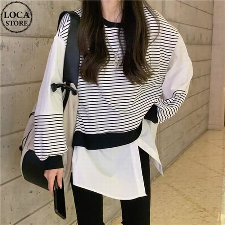 ドッキングトップス フェイクレイヤード ボーダー柄 ニット ブラウス 重ね着風 切替 長袖 レトロ 韓国ファッション レディース 大人可愛い ガーリー DTC-680518160120