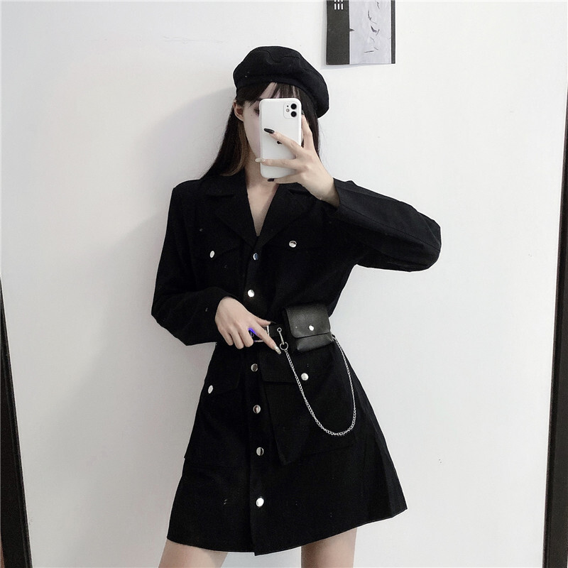 ★ChicLine★ ジャケットレイヤードプリーツベルトワンピース ワンピース ベルト付き ポケットチェーン ジャケット風 韓国