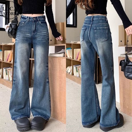 デニムパンツ ブラスト加工 スリム Gパン デニム ドレープ ボトムス ハイウエスト ルーズ パンツ ズボン レトロ 大人可愛い ガーリー カジュアル DTCA-863235522285