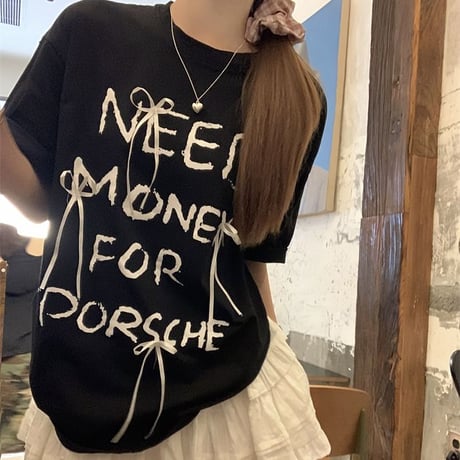 Tシャツ リボン 英字 オーバーサイズ トップス 半袖 スカート ティアードミニスカート フリル レトロ 韓国ファッション レディース 大人可愛い ガーリー DTC-789326173684