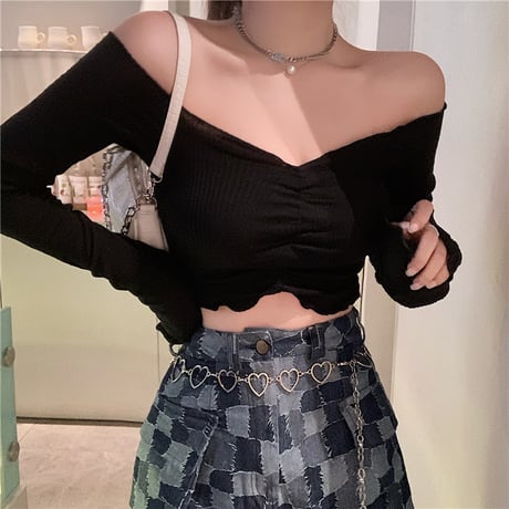 オフショル カットソー 長袖 ショート 韓国ファッション レディース トップス へそ出し Tシャツ オフショルダー Vネック スタイルアップ 大人可愛い ガーリー DTC-625937979040