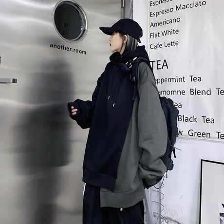 ユニセックス パーカー アシンメトリー 重ねデザイン プラスベルベット ルーズ 韓国ファッション メンズ レディース 男女兼用 アシメ カジュアル ストリート系 DTC-634512223674