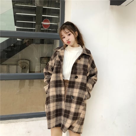 チェックコート シングルブレスト 韓国 ファッション レディース コート チェック柄 アウター ウールコート シングルブレスト レトロ (DTC-603665766891)