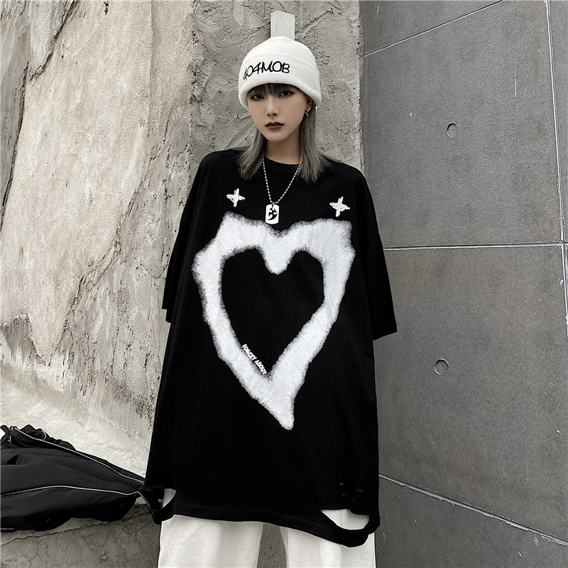 ユニセックス ダメージ加工 Tシャツ ハート クロス 半袖 オーバー