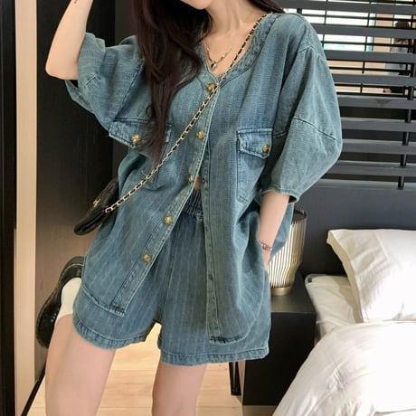 セットアップ デニム ノーカラージャケット ショートパンツ 半袖 ハイウエスト レトロ 韓国ファッション レディース 大人可愛い ガーリー カジュアル DTC-709104321762