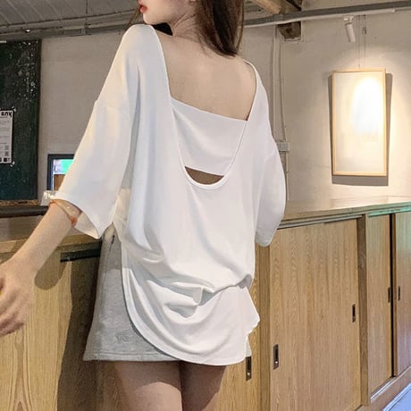 バックオープン Tシャツ 背中開き オーバーサイズ ドロップショルダー トップス ルーズ レトロ 韓国ファッション レディース 大人可愛い ガーリー DTC-810583573440