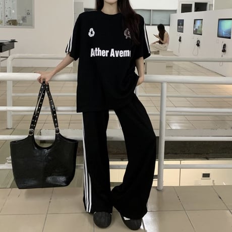 セットアップ サイドライン Tシャツ ワイドパンツ 半袖 ロゴ トップス スポーツミックス 上下セット レトロ 韓国ファッション レディース 大人可愛い ガーリー DTC-786931285601