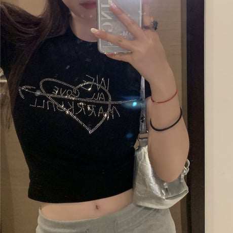 Tシャツ ラインストーン ハート ロゴ コンパクトTシャツ クロップド丈 ショート丈 トップス スリムフィット 半袖 レトロ 大人可愛い ガーリー カジュアル DTCA-820673482384