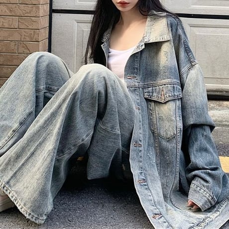 セットアップ デニムジャケット デニムパンツ ウォッシュ加工 オーバーサイズ Gジャン ジーパン デニム レトロ 韓国ファッション レディース 大人可愛い ガーリー DTC-769538222015