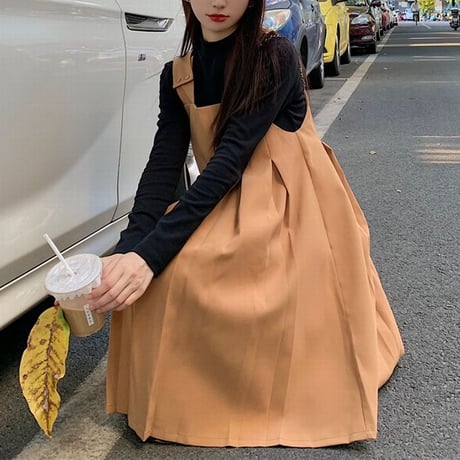セットアップ トップス ジャンパースカート ジャンスカ プリーツ スクエアネック ハイウエスト 長袖 ゆったり 韓国ファッション レディース 大人可愛い ガーリー DTC-656953180375