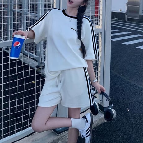 セットアップ 2点セット サイドライン tシャツ ショートパンツ ロゴ オーバーサイズ クルーネック 無地 ルームウェア ルーズ レトロ カジュアル DTCA-820351715781