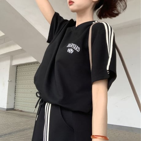セットアップ サイドライン Tシャツ ロゴ 刺繍 ミニスカート スリット ウエストゴム 半袖 スポーツミックス 韓国ファッション レディース 大人可愛い ガーリー DTC-781969403022