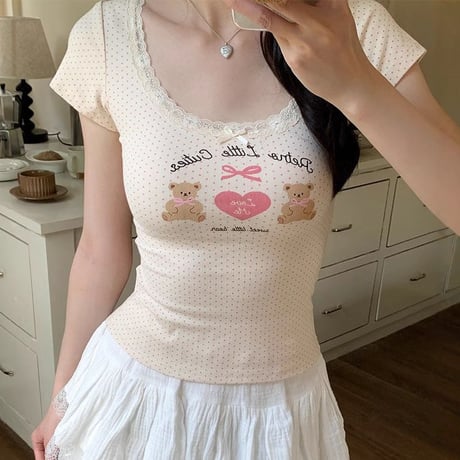 tシャツ ドット柄 クマちゃん リボン レース トップス Uネック スリムフィット スリムtシャツ 半袖 レトロ 大人可愛い ガーリー カジュアル DTCA-811944873611