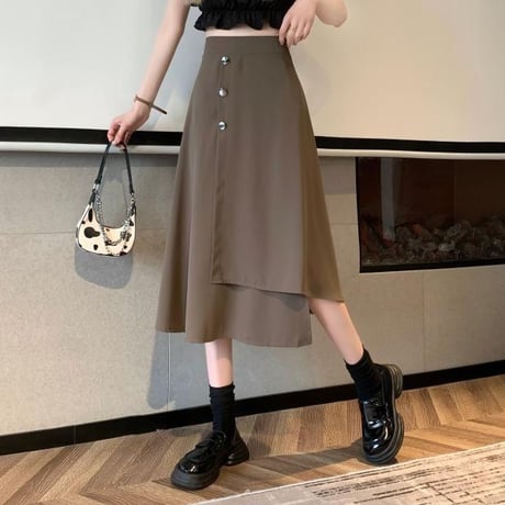 ロングスカート 不規則デザイン アシンメトリー アシメ スカート フロントボタン ハイウエスト レトロ 韓国ファッション レディース 大人可愛い ガーリー DTC-676469685119