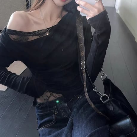 レース付き Tシャツ ワンショルダー スリムフィット ロンT トップス カットソー 長袖 レトロ 大人可愛い ガーリー DTCA-849082361382