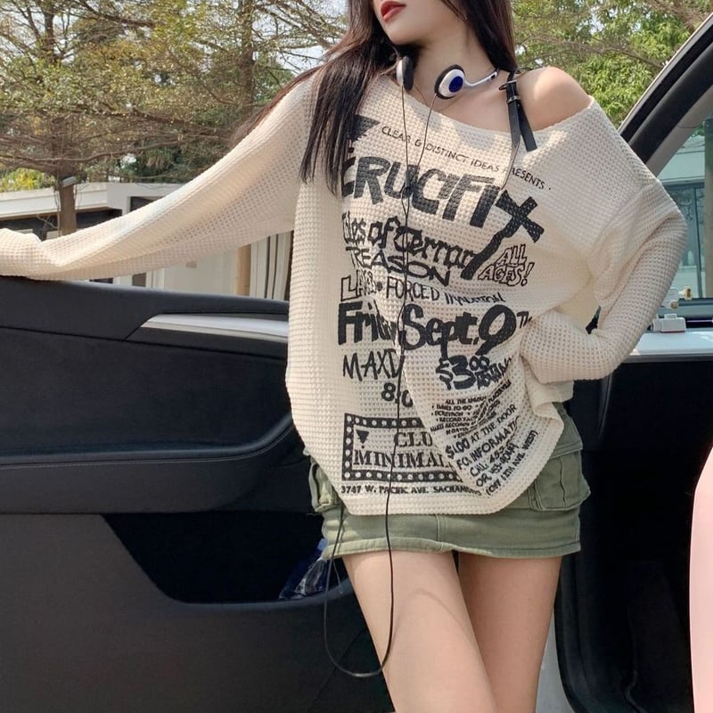ロンT レタープリント オフショルダー トップス ワンショルダー