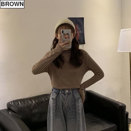 ストライプ スリムフィット カットソー ハイネック 韓国ファッション レディース 起毛 タートルネック タイト 長袖 Tシャツ レトロ (DTC-608574695103)