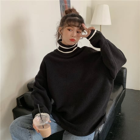 フリース トレーナー プルオーバー 韓国ファッション レディース ゆったり ハイネック トレーナー 体型カバー シンプル レトロ 春 秋 冬 大人カジュアル (DTC-605871158785)