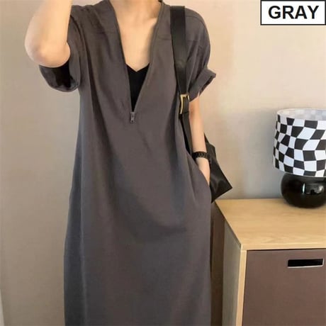 ワンピース ハーフジップ 半袖 体型カバー Aライン Vネック ゆったりウエスト ロングワンピース レトロ 大人可愛い ガーリー DTCA-902129086791