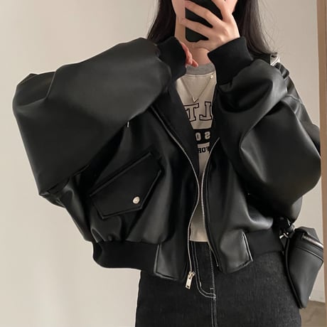 PU フード付き レザーブルゾン フェイクレザー ジップアップ アウター ブルゾン ジャンパー PUレザー オーバーサイズ ゆったり レトロ カジュアル DTCA-848636566389