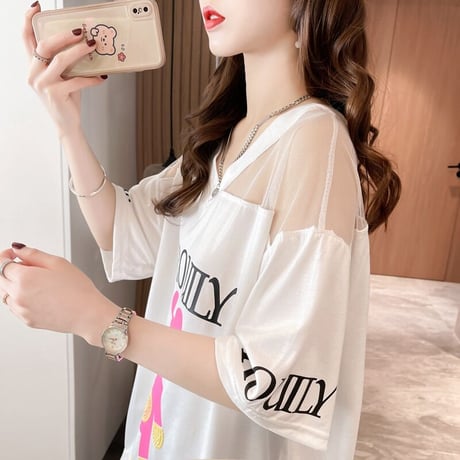 シアー Tシャツ 切り替え シースルー Vネック オーバーサイズ ゆったり 半袖 レトロ 韓国ファッション レディース 大人可愛い ガーリー カジュアル DTC-649581818312