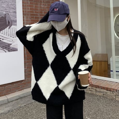 ダイヤ柄 ニット ニットセーター プルオーバー Vネック 長袖 ルーズ ゆったり レトロ 韓国ファッション レディース 大人可愛い ガーリー DTC-655919132061