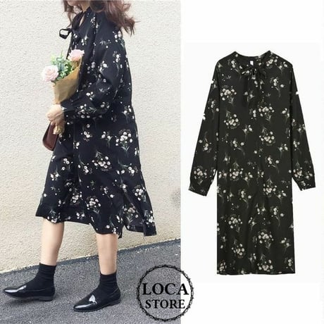 レディース リボン 花柄ワンピース ロング丈 ボウタイ フェミニン 韓国ファッション オルチャン (DCT-575431180054)