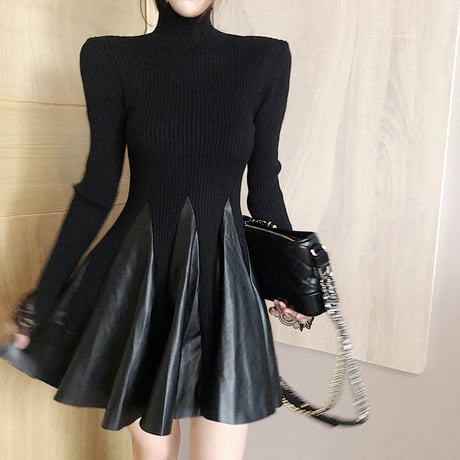 ハイネック ニットワンピース 韓国ファッション レディース タートルネック レース ウエストゴム ニット 長袖 セクシー タイト ガーリー (DCT-604931709813)