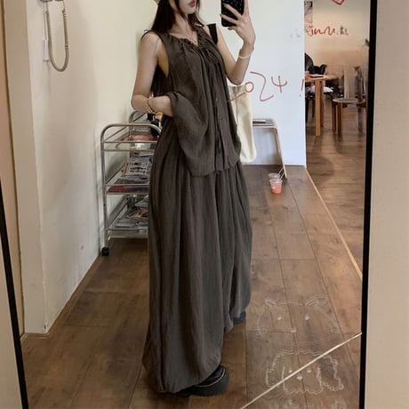 セットアップ 2点セット ノースリーブ シャツ ワイドパンツ ルーズ トップス モップパンツ レトロ 韓国ファッション レディース 大人可愛い ガーリー DTC-798283919671
