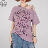 tシャツ 手書き風プリント ワンちゃん ワンショルダー オフショルダー オーバーサイズ トップス カットソー ゆったり 半袖 レトロ 大人可愛い ガーリー DTCA-912182892439