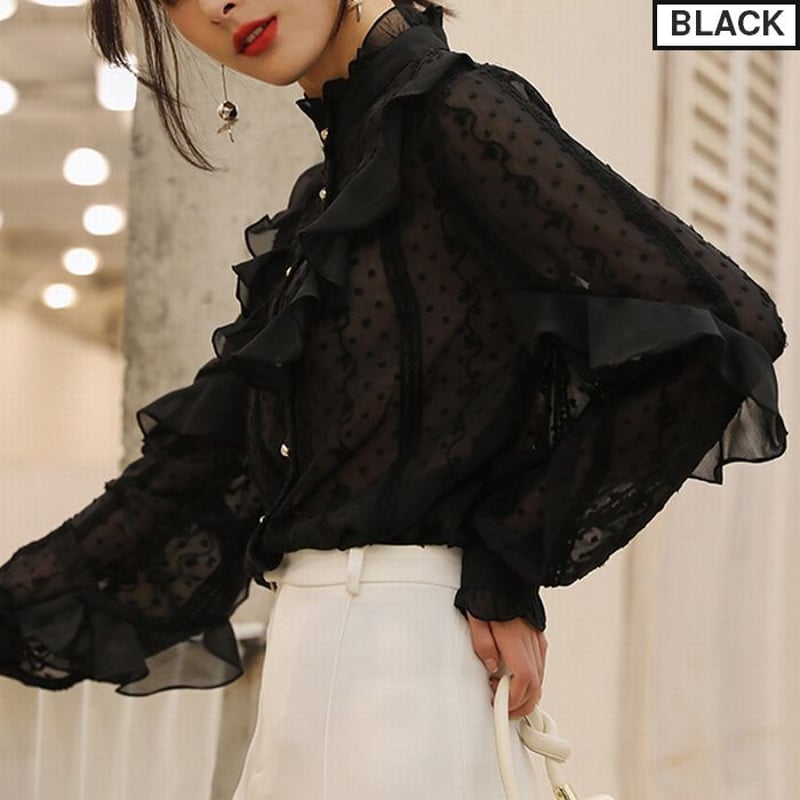 ドット柄 フリル シフォンブラウス 長袖 韓国ファッション レディース