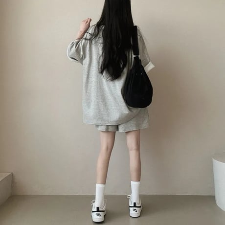 セットアップ 2点セット tシャツ ショートパンツ オーバーサイズ クルーネック 無地 ルームウェア レトロ 大人可愛い ガーリー カジュアル DTCA-839400393323