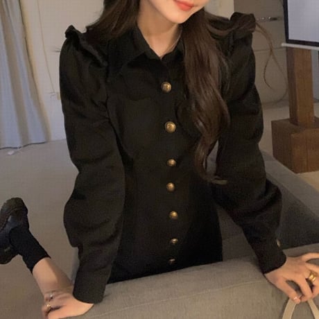 シャツワンピース フリル ハート ハイウエスト ポロカラー ワンピース aライン 長袖 レトロ 韓国ファッション レディース 大人可愛い ガーリー フェミニン DTC-666262271066