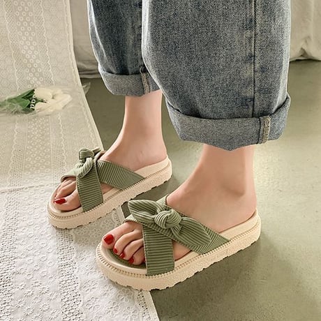 クロスデザイン リボン 厚底サンダル 22.5～25.0cm スリッパ サンダル オープントゥ フラットヒール 厚底 美脚効果 韓国ファッション レディース DTC-640513581984