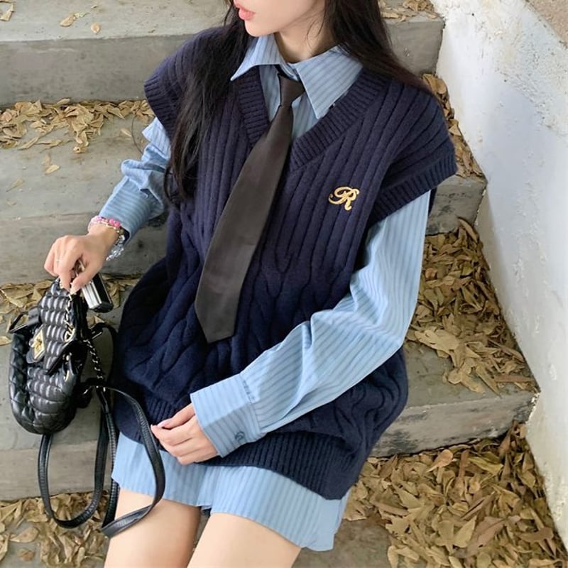 3点セット セットアップ ネクタイ付き ニットベスト シャツワンピース